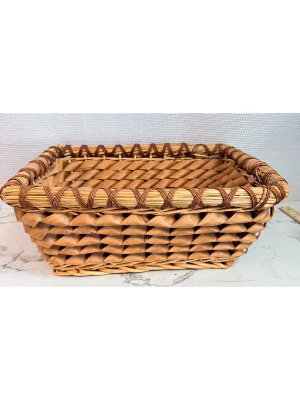 Vintage Hand woven Splint Basket with Intricate Curly Weave.